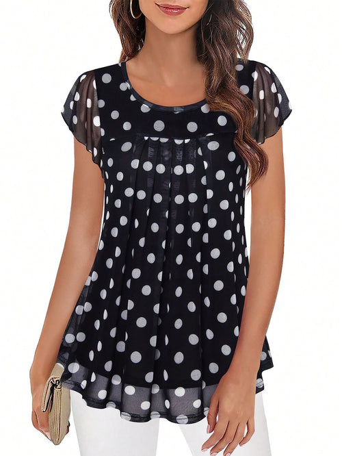 CheersLife Women's Short Sleeve Ruched Mesh Ditsy Floral Blouse Top, Summer Black Polka Dot