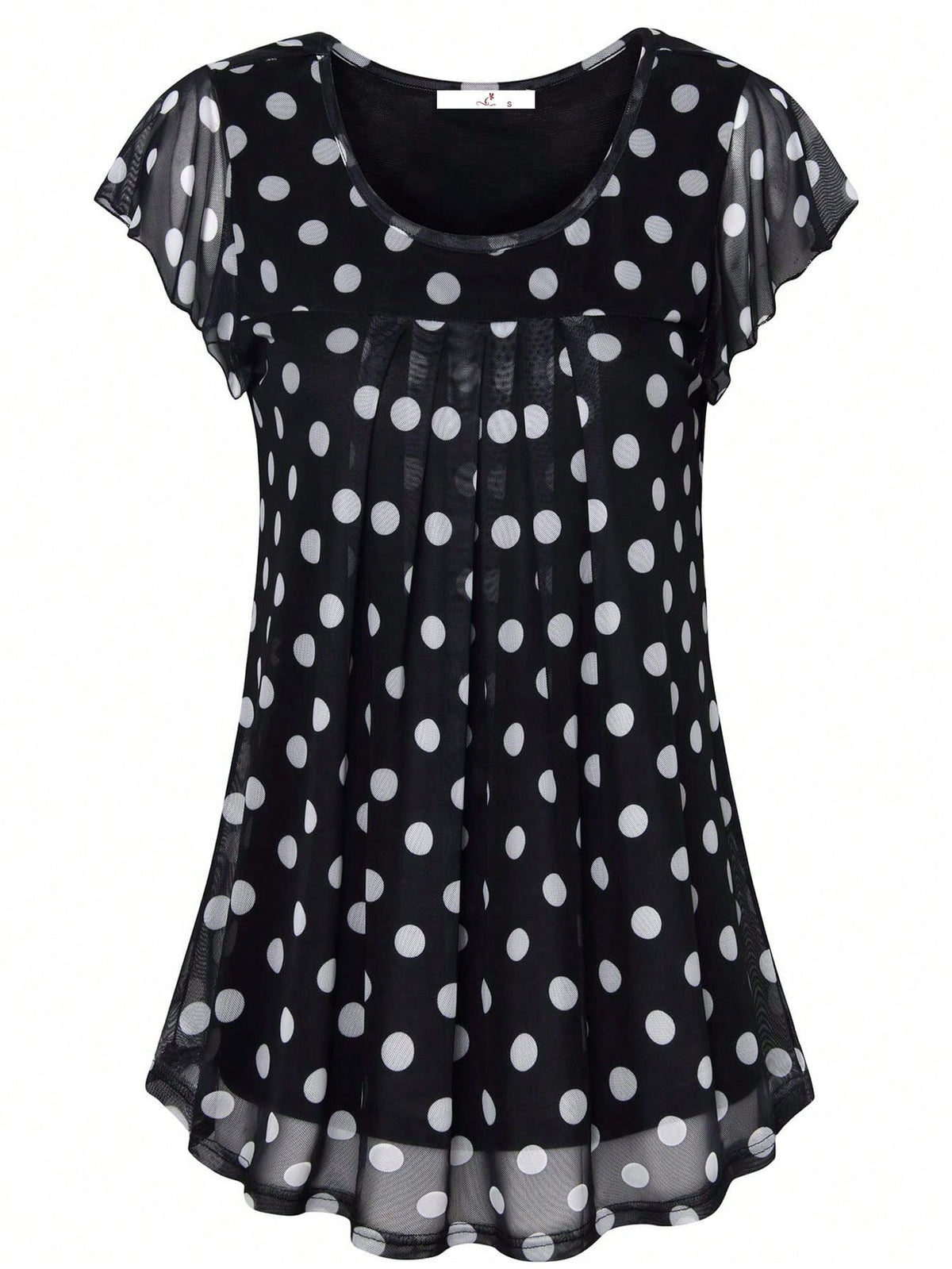 CheersLife Women's Short Sleeve Ruched Mesh Ditsy Floral Blouse Top, Summer Black Polka Dot