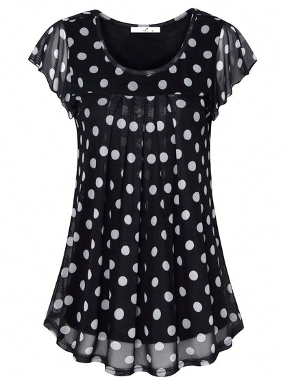 CheersLife Women's Short Sleeve Ruched Mesh Ditsy Floral Blouse Top, Summer Black Polka Dot