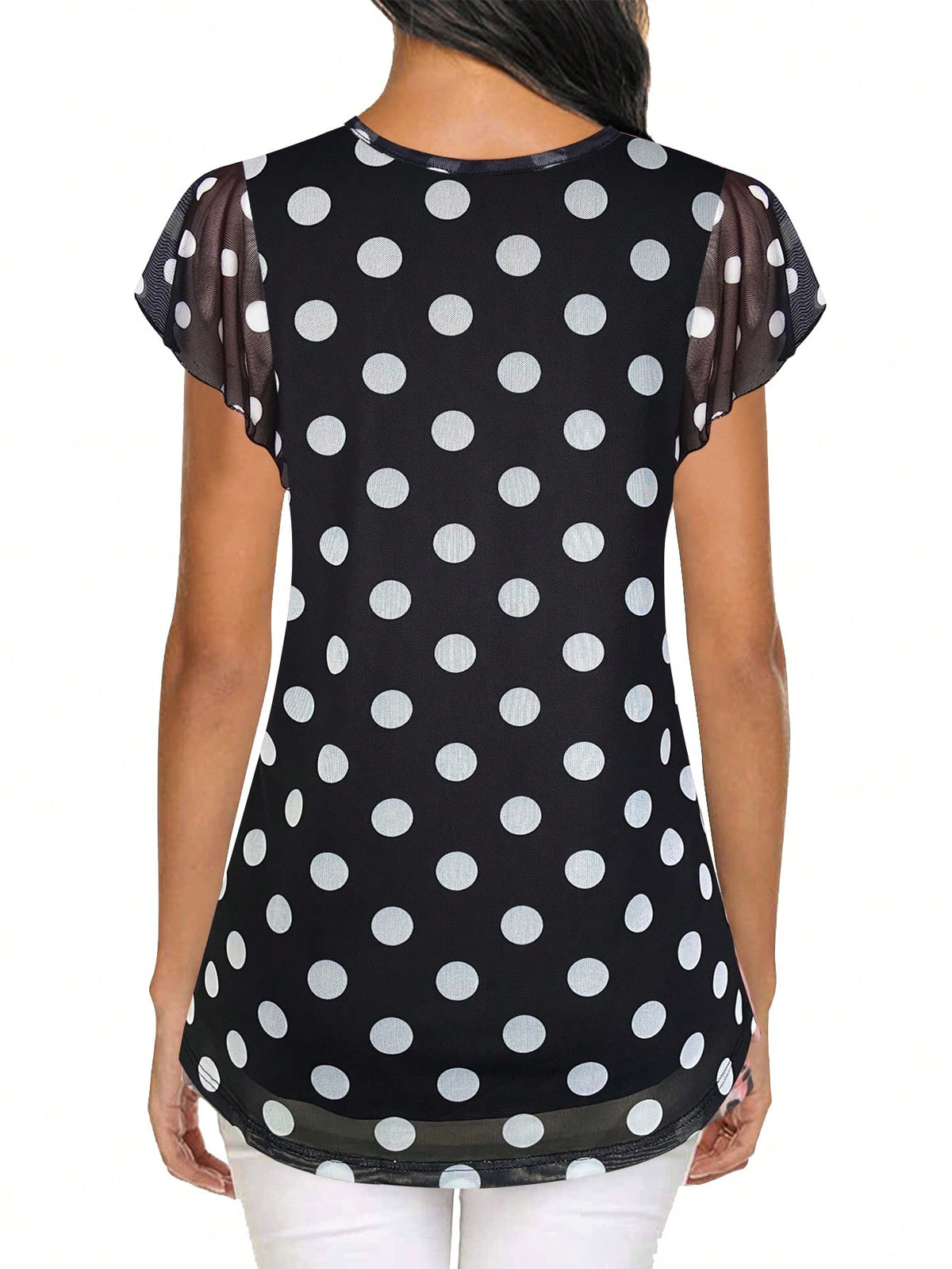 CheersLife Women's Short Sleeve Ruched Mesh Ditsy Floral Blouse Top, Summer Black Polka Dot
