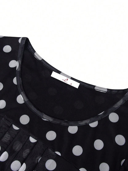 CheersLife Women's Short Sleeve Ruched Mesh Ditsy Floral Blouse Top, Summer Black Polka Dot