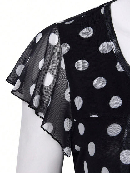 CheersLife Women's Short Sleeve Ruched Mesh Ditsy Floral Blouse Top, Summer Black Polka Dot