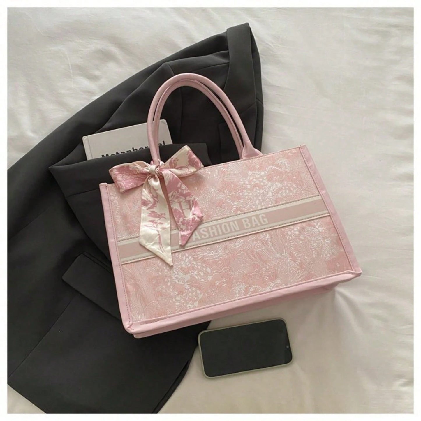 Chic Embroidered Large Capacity Tote Bag, Elegant Work Commute Shoulder Handbag, Casual Underarm Bag
