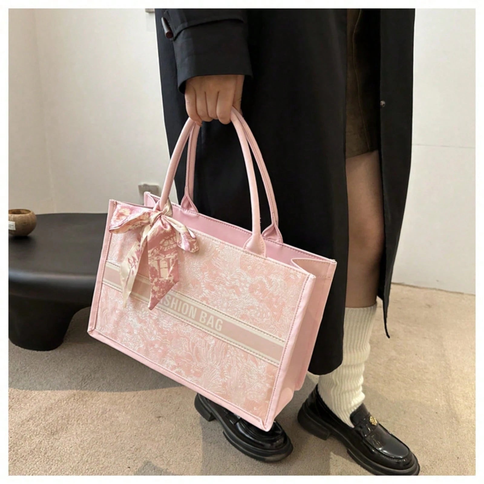 Chic Embroidered Large Capacity Tote Bag, Elegant Work Commute Shoulder Handbag, Casual Underarm Bag