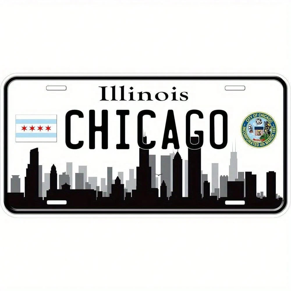 Chicago, City Skyline Novel Metal Sign, Black Cityscape Design, Featuring Chicago Founding Emblem, Decorative Front And Back Signs, Car Exterior Accessory, Framed