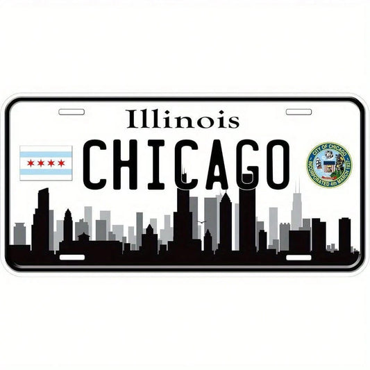 Chicago, City Skyline Novel Metal Sign, Black Cityscape Design, Featuring Chicago Founding Emblem, Decorative Front And Back Signs, Car Exterior Accessory, Framed