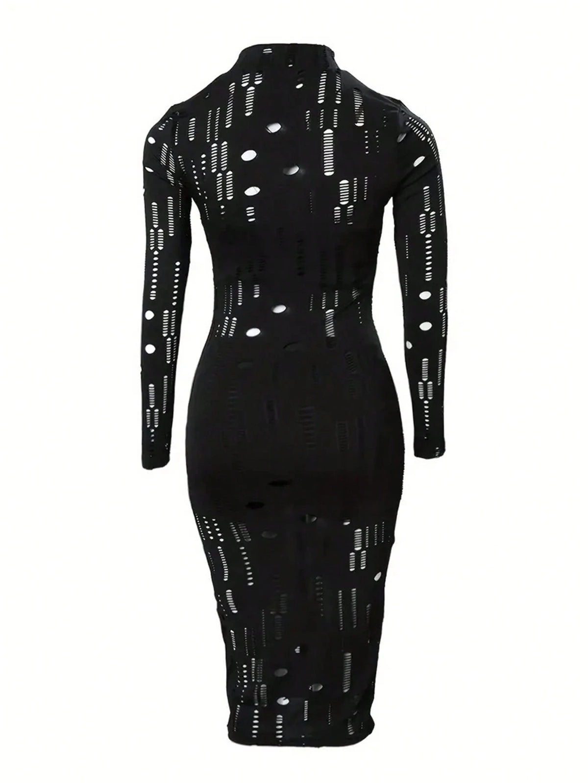 ChicMe 3pcs Set: Long Sleeve Hollow Sheer Fitted Crop Top + Vintage Mid-Length Bodycon Dress, Sexy Outfit Elegant Spring Black
