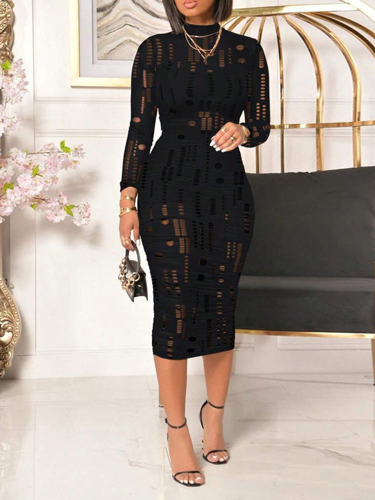 ChicMe 3pcs Set: Long Sleeve Hollow Sheer Fitted Crop Top + Vintage Mid-Length Bodycon Dress, Sexy Outfit Elegant Spring Black