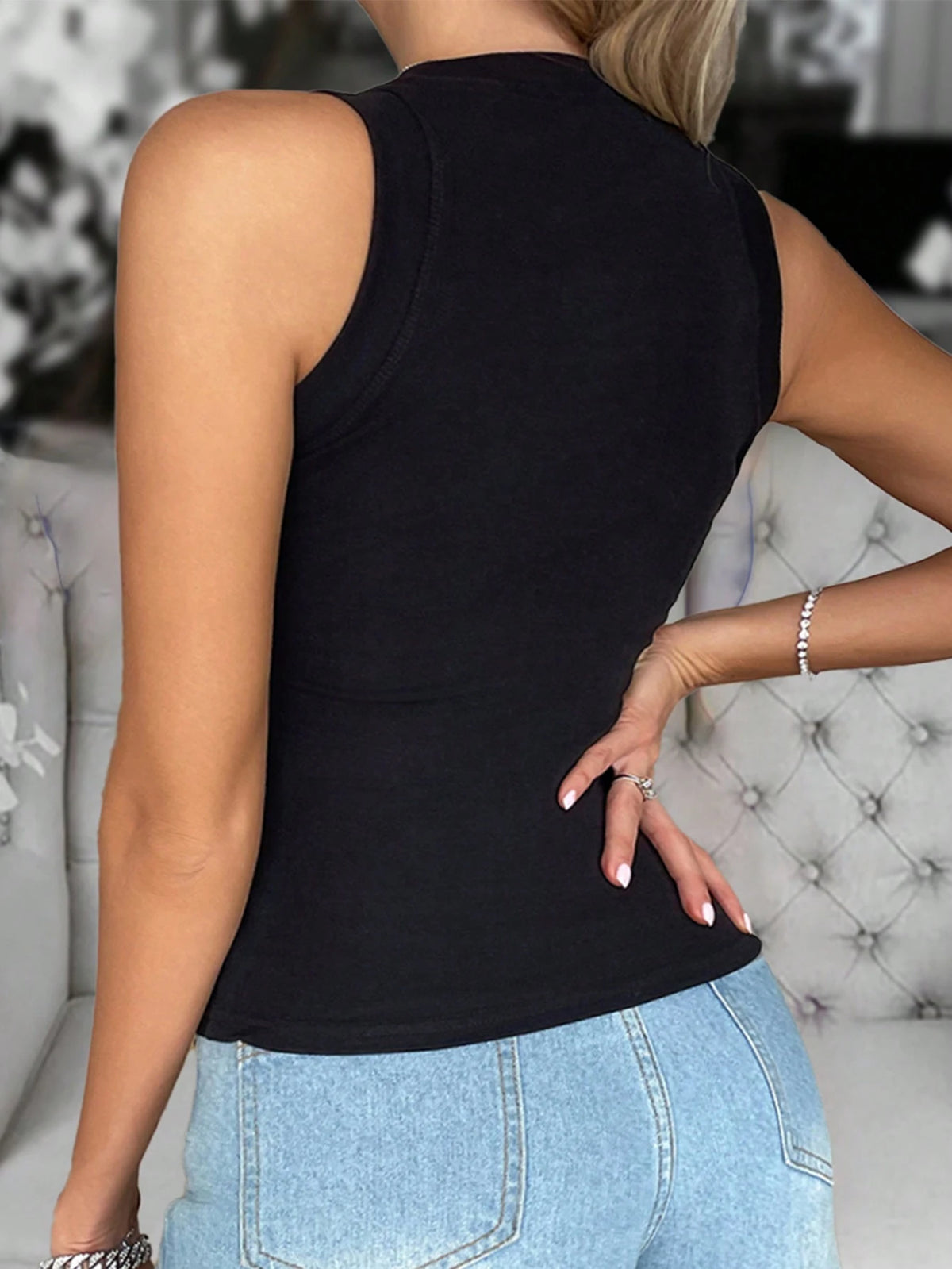ChicMe Leopard Print Sequin Contrast Color Sleeveless Tank Top, Fitted Casual Fashionable Tank Top Black Elegant Summer