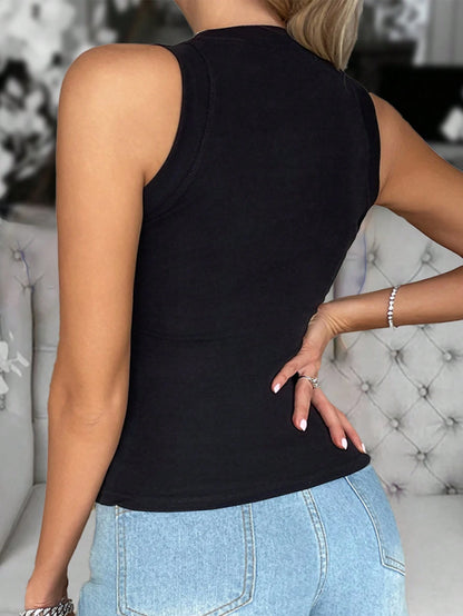 ChicMe Leopard Print Sequin Contrast Color Sleeveless Tank Top, Fitted Casual Fashionable Tank Top Black Elegant Summer