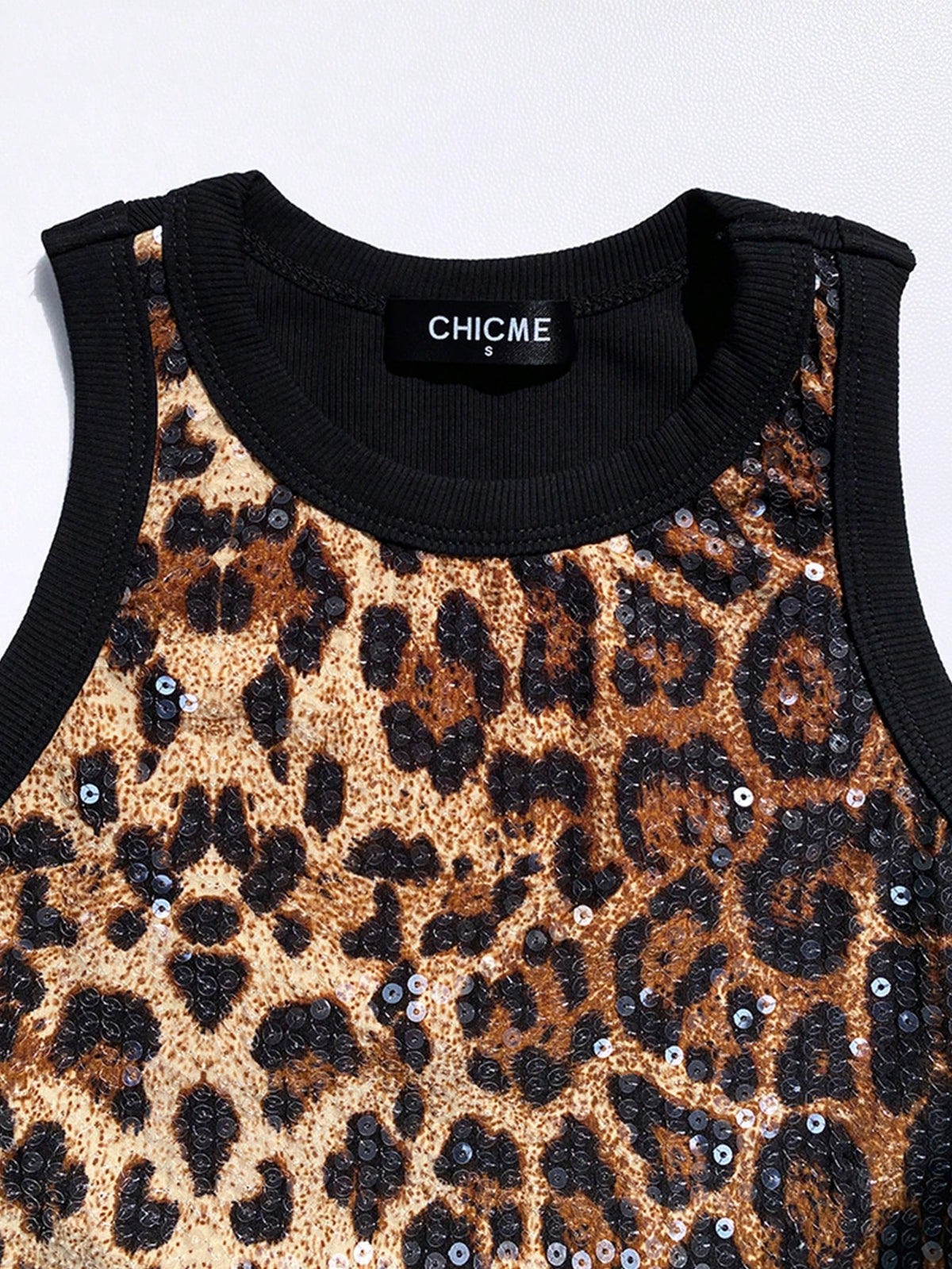 ChicMe Leopard Print Sequin Contrast Color Sleeveless Tank Top, Fitted Casual Fashionable Tank Top Black Elegant Summer