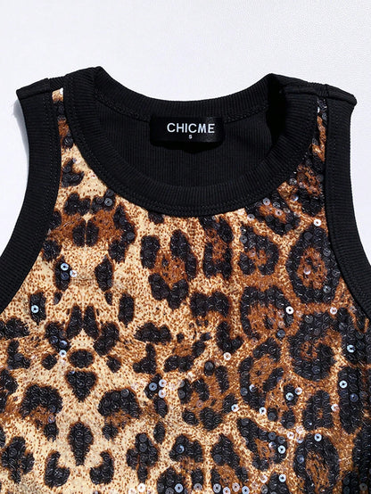 ChicMe Leopard Print Sequin Contrast Color Sleeveless Tank Top, Fitted Casual Fashionable Tank Top Black Elegant Summer