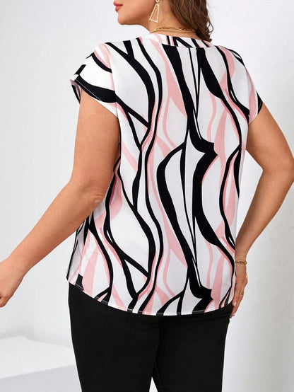 Chikora Plus Size Women's White Geometric Print Short Sleeve Summer Blouse, Smart Casual Business Casual Office Formal Work Top, Front-Tie Flounce