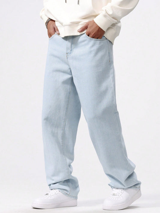 Chillumni Plus Size Men's Baggy Light Blue Cargo Jeans,Simple Front Button Pocket Casual Plain Long Washed Denim,Summer Evening Urban Commute College Style