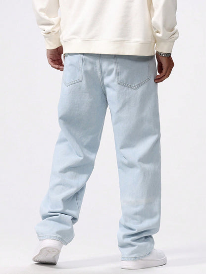 Chillumni Plus Size Men's Baggy Light Blue Cargo Jeans,Simple Front Button Pocket Casual Plain Long Washed Denim,Summer Evening Urban Commute College Style