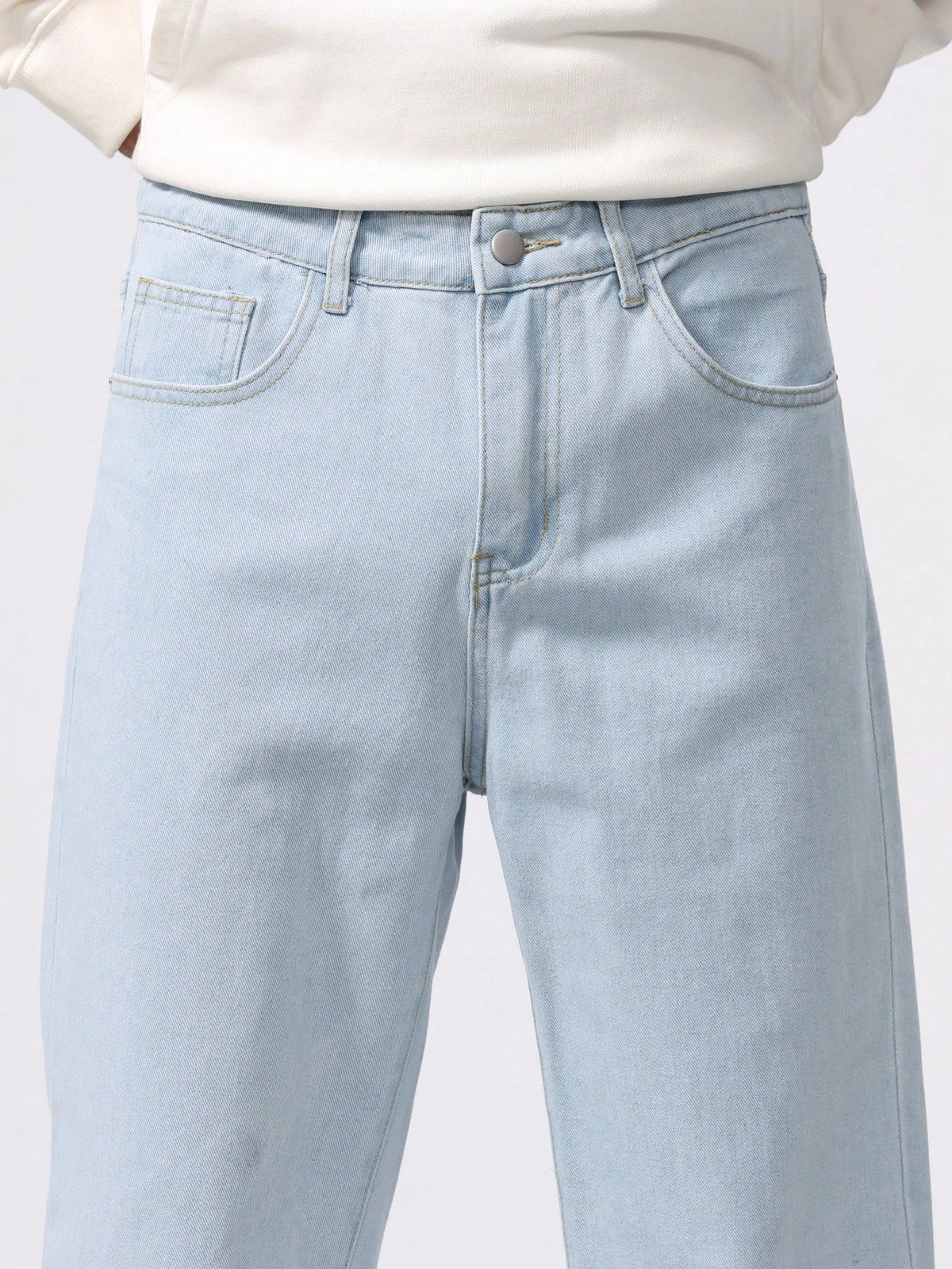 Chillumni Plus Size Men's Baggy Light Blue Cargo Jeans,Simple Front Button Pocket Casual Plain Long Washed Denim,Summer Evening Urban Commute College Style
