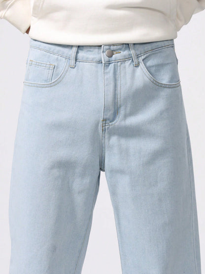 Chillumni Plus Size Men's Baggy Light Blue Cargo Jeans,Simple Front Button Pocket Casual Plain Long Washed Denim,Summer Evening Urban Commute College Style