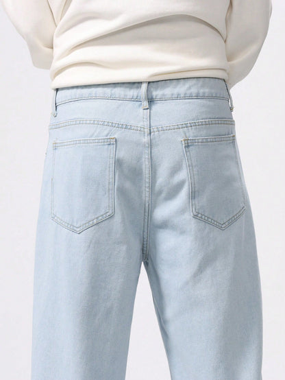 Chillumni Plus Size Men's Baggy Light Blue Cargo Jeans,Simple Front Button Pocket Casual Plain Long Washed Denim,Summer Evening Urban Commute College Style