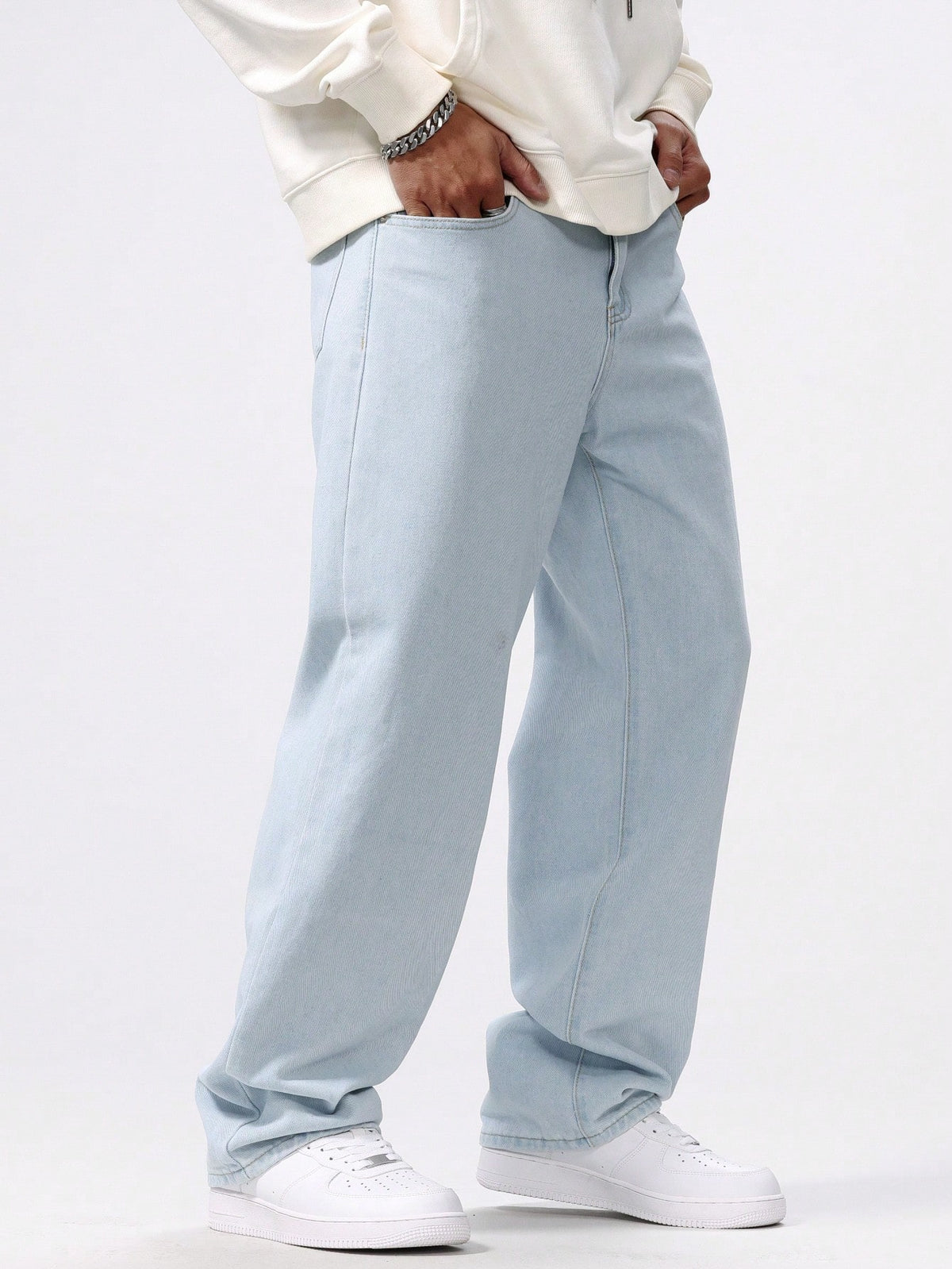 Chillumni Plus Size Men's Baggy Light Blue Cargo Jeans,Simple Front Button Pocket Casual Plain Long Washed Denim,Summer Evening Urban Commute College Style