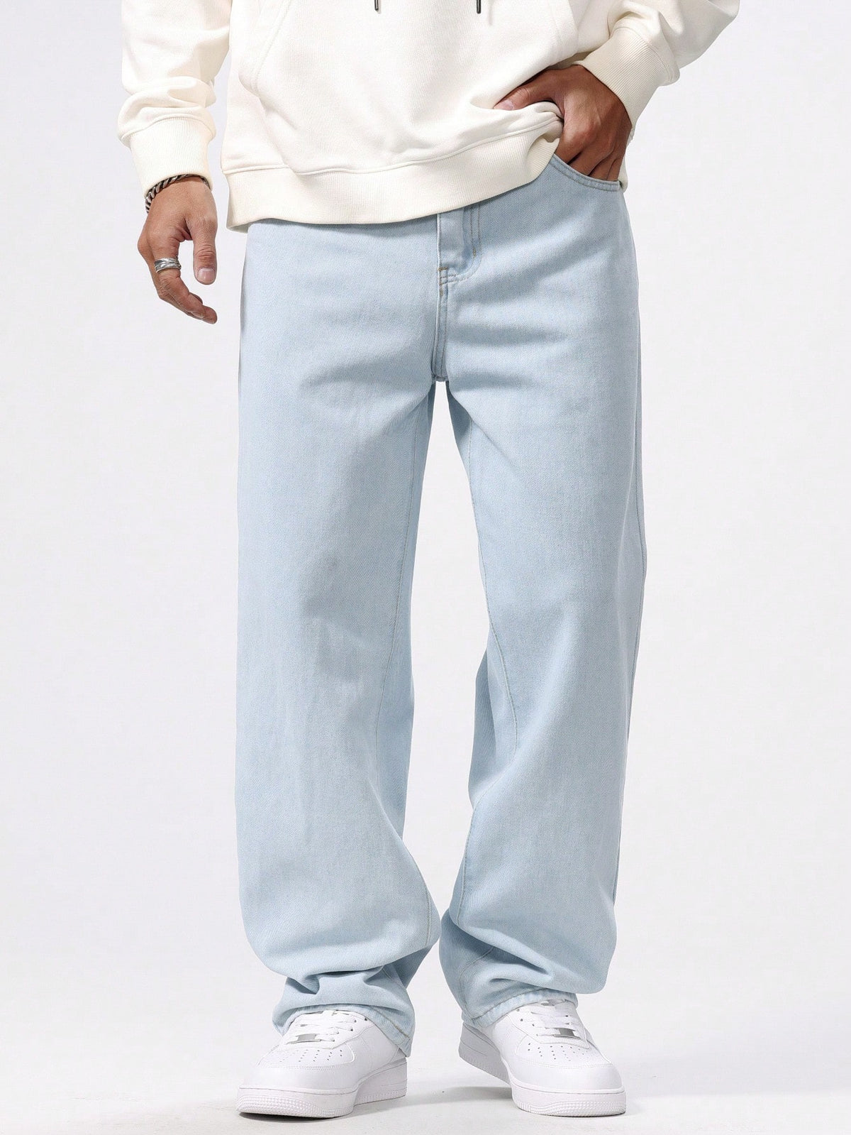 Chillumni Plus Size Men's Baggy Light Blue Cargo Jeans,Simple Front Button Pocket Casual Plain Long Washed Denim,Summer Evening Urban Commute College Style