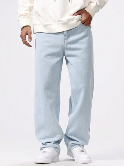 Chillumni Plus Size Men's Baggy Light Blue Cargo Jeans,Simple Front Button Pocket Casual Plain Long Washed Denim,Summer Evening Urban Commute College Style
