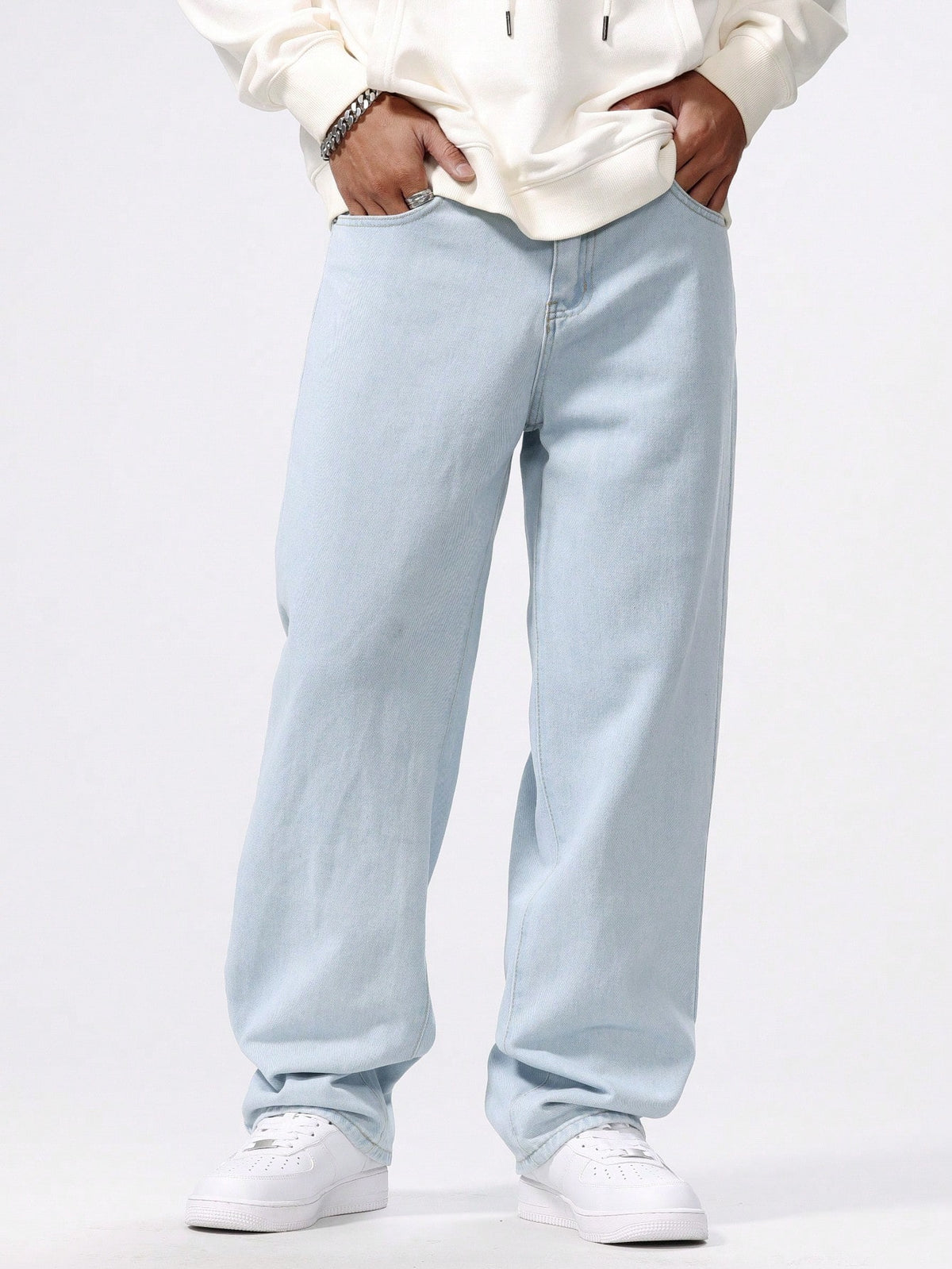Chillumni Plus Size Men's Baggy Light Blue Cargo Jeans,Simple Front Button Pocket Casual Plain Long Washed Denim,Summer Evening Urban Commute College Style