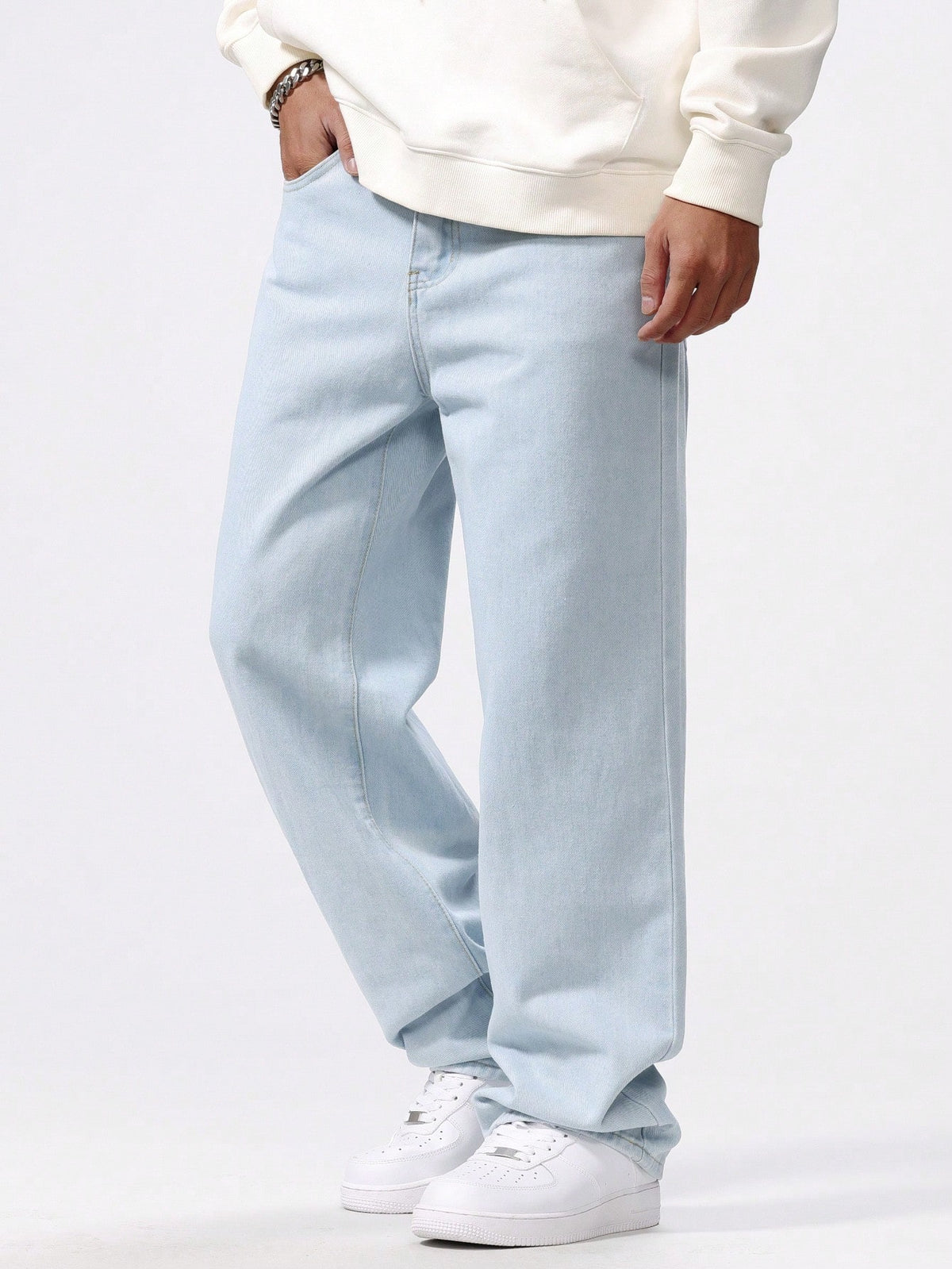 Chillumni Plus Size Men's Baggy Light Blue Cargo Jeans,Simple Front Button Pocket Casual Plain Long Washed Denim,Summer Evening Urban Commute College Style