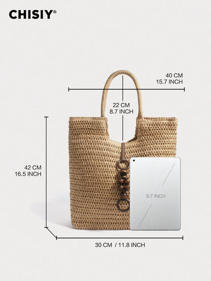 CHISIY Original Handmade Straw Woven Bag Handbag Woven Bag Shoulder Bag Bucket Bag Tote Bag Weekend Bag Beach Bag With Bead Decoration Retro Casual