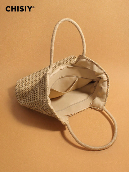 CHISIY Original Handmade Straw Woven Bag Handbag Woven Bag Shoulder Bag Bucket Bag Tote Bag Weekend Bag Beach Bag With Bead Decoration Retro Casual