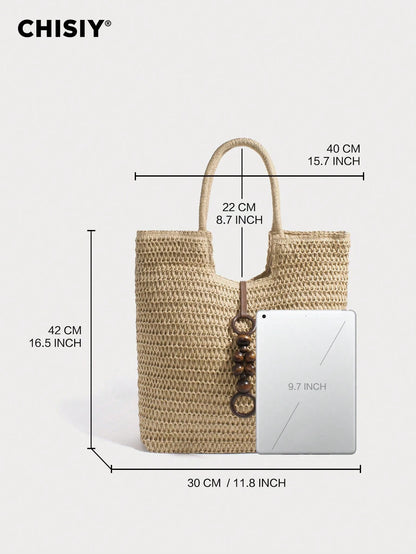 CHISIY Original Handmade Straw Woven Bag Handbag Woven Bag Shoulder Bag Bucket Bag Tote Bag Weekend Bag Beach Bag With Bead Decoration Retro Casual