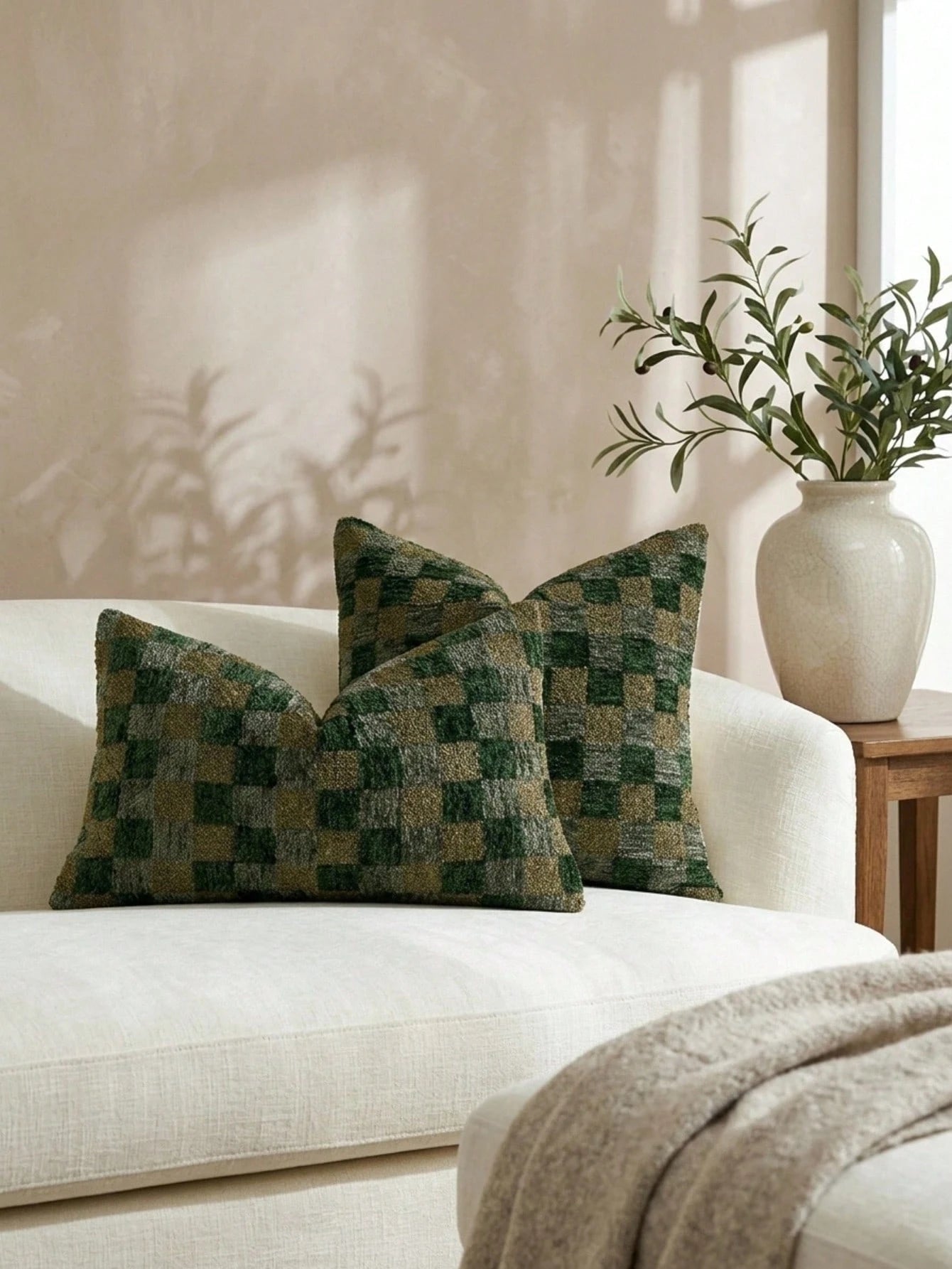 Cirelle 1pc Green Checkerboard Throw Pillow Covers, Sage And Forest Green Plaid Textured Chenille Cushion Case, Retro Decorative Pillowcase For Sofa Couch (No Insert)
