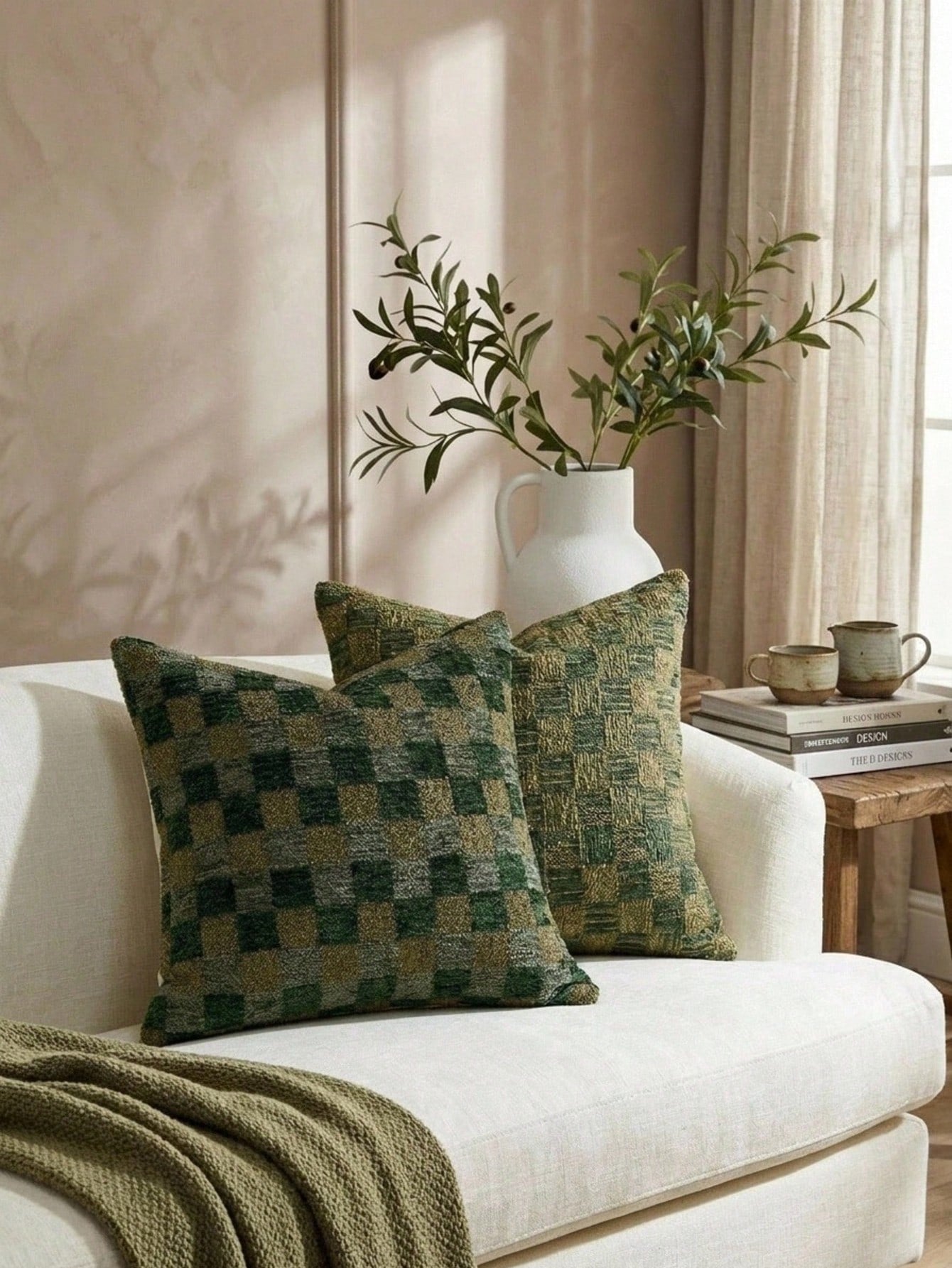 Cirelle 1pc Green Checkerboard Throw Pillow Covers, Sage And Forest Green Plaid Textured Chenille Cushion Case, Retro Decorative Pillowcase For Sofa Couch (No Insert)