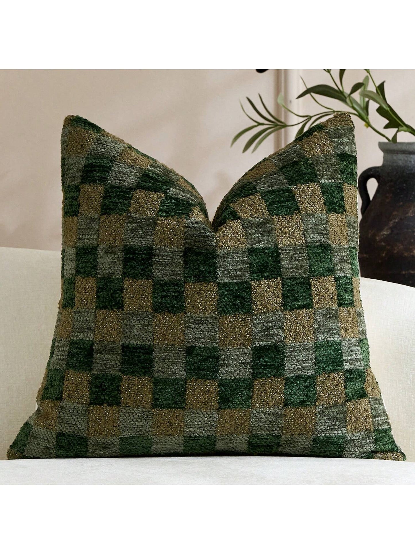 Cirelle 1pc Green Checkerboard Throw Pillow Covers, Sage And Forest Green Plaid Textured Chenille Cushion Case, Retro Decorative Pillowcase For Sofa Couch (No Insert)