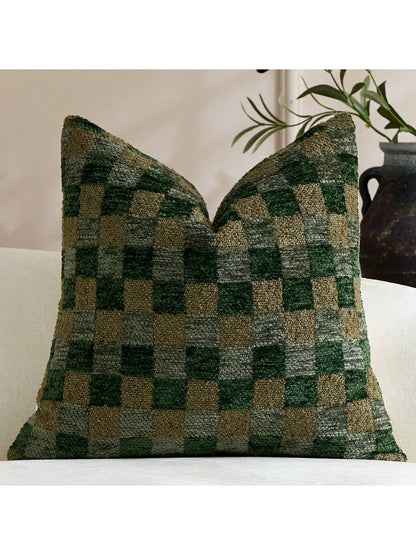 Cirelle 1pc Green Checkerboard Throw Pillow Covers, Sage And Forest Green Plaid Textured Chenille Cushion Case, Retro Decorative Pillowcase For Sofa Couch (No Insert)