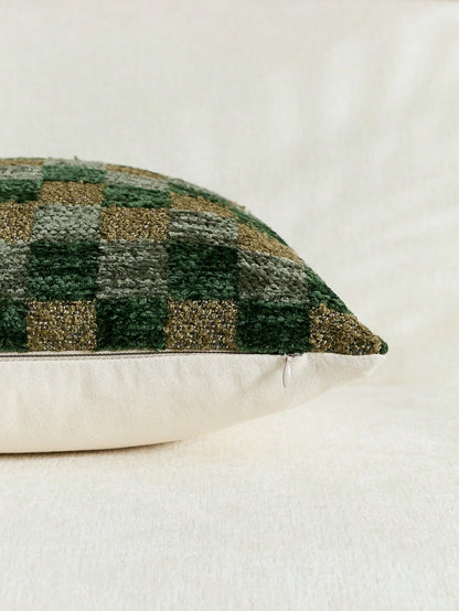 Cirelle 1pc Green Checkerboard Throw Pillow Covers, Sage And Forest Green Plaid Textured Chenille Cushion Case, Retro Decorative Pillowcase For Sofa Couch (No Insert)