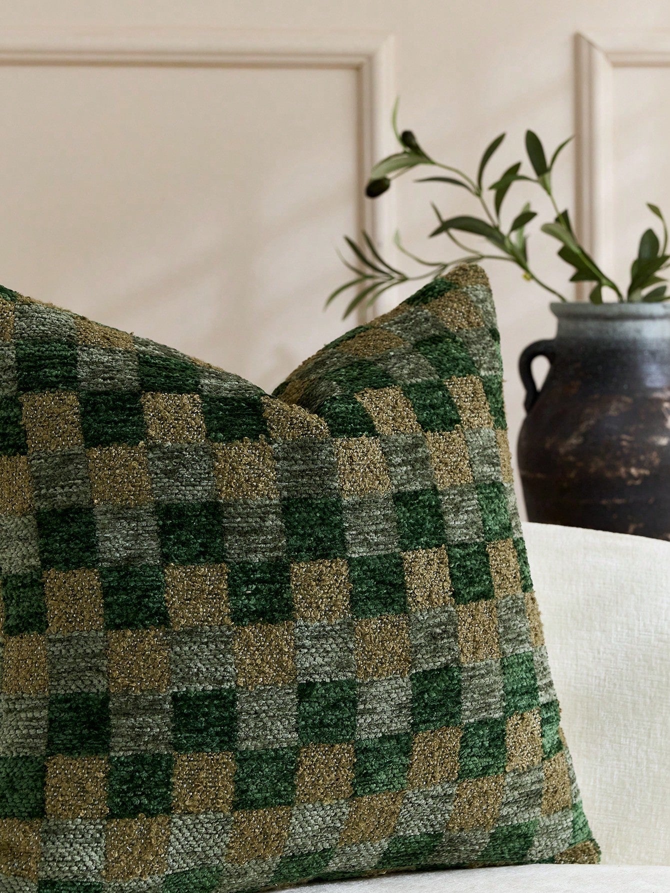 Cirelle 1pc Green Checkerboard Throw Pillow Covers, Sage And Forest Green Plaid Textured Chenille Cushion Case, Retro Decorative Pillowcase For Sofa Couch (No Insert)