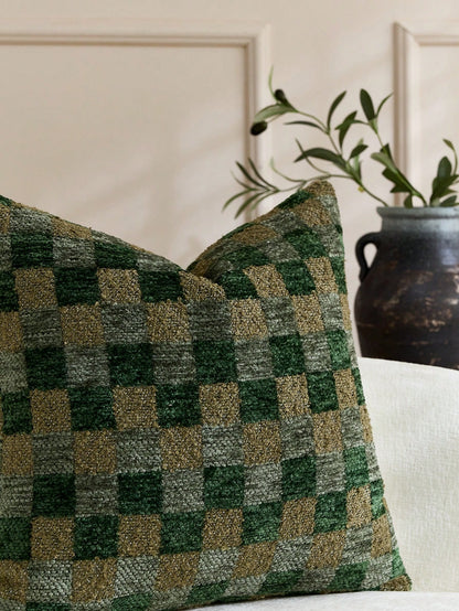Cirelle 1pc Green Checkerboard Throw Pillow Covers, Sage And Forest Green Plaid Textured Chenille Cushion Case, Retro Decorative Pillowcase For Sofa Couch (No Insert)