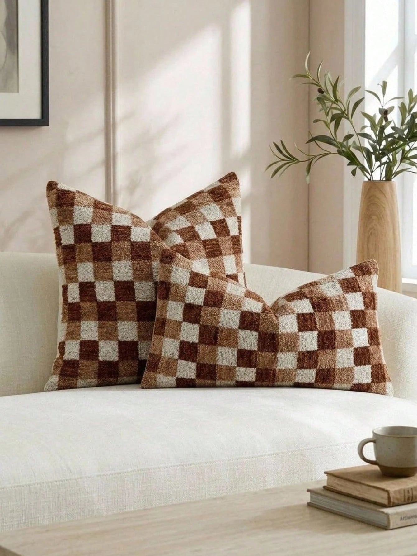 Cirelle 1pc Green Checkerboard Throw Pillow Covers, Sage And Forest Green Plaid Textured Chenille Cushion Case, Retro Decorative Pillowcase For Sofa Couch (No Insert)