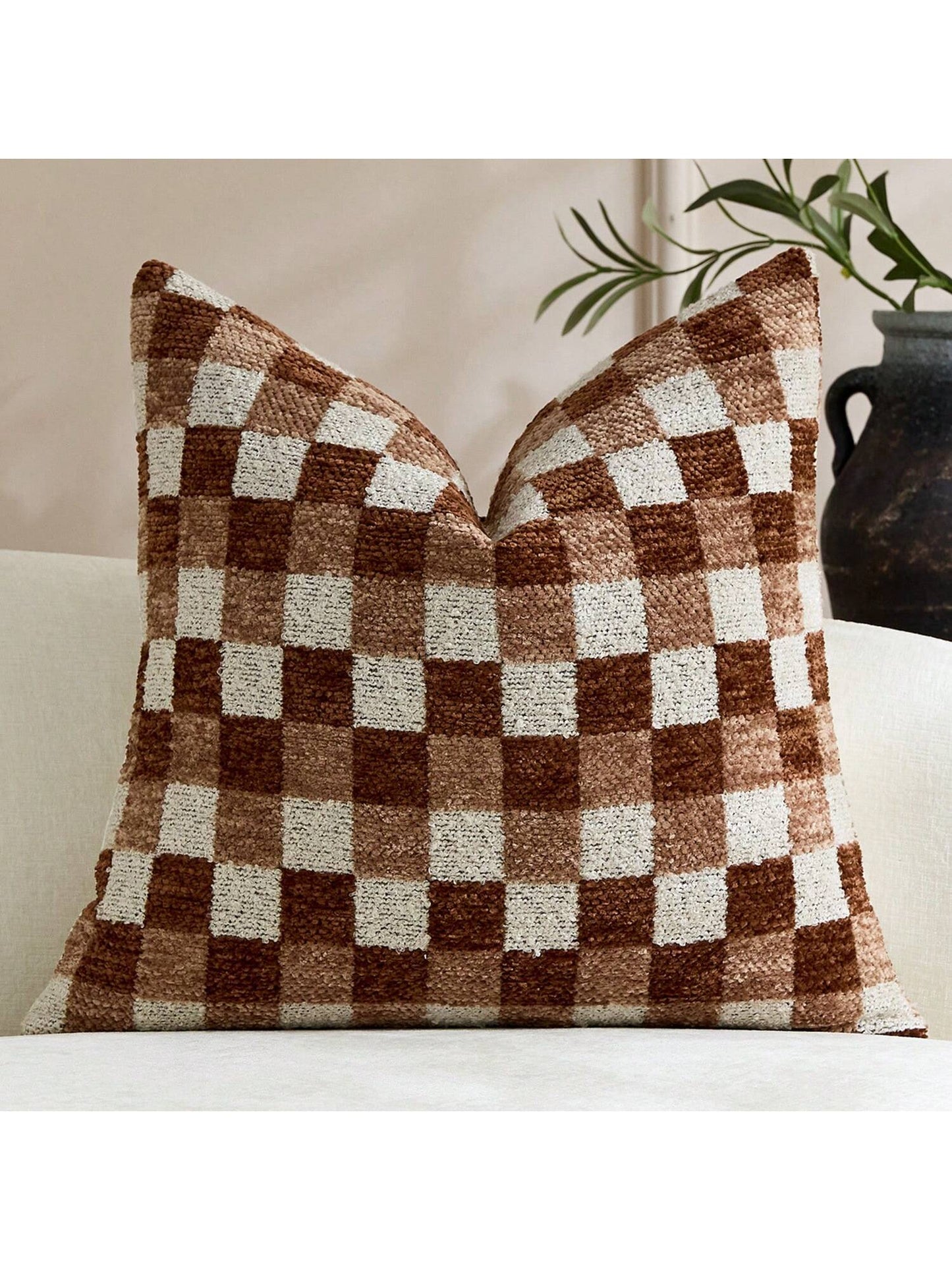 Cirelle 1pc Green Checkerboard Throw Pillow Covers, Sage And Forest Green Plaid Textured Chenille Cushion Case, Retro Decorative Pillowcase For Sofa Couch (No Insert)