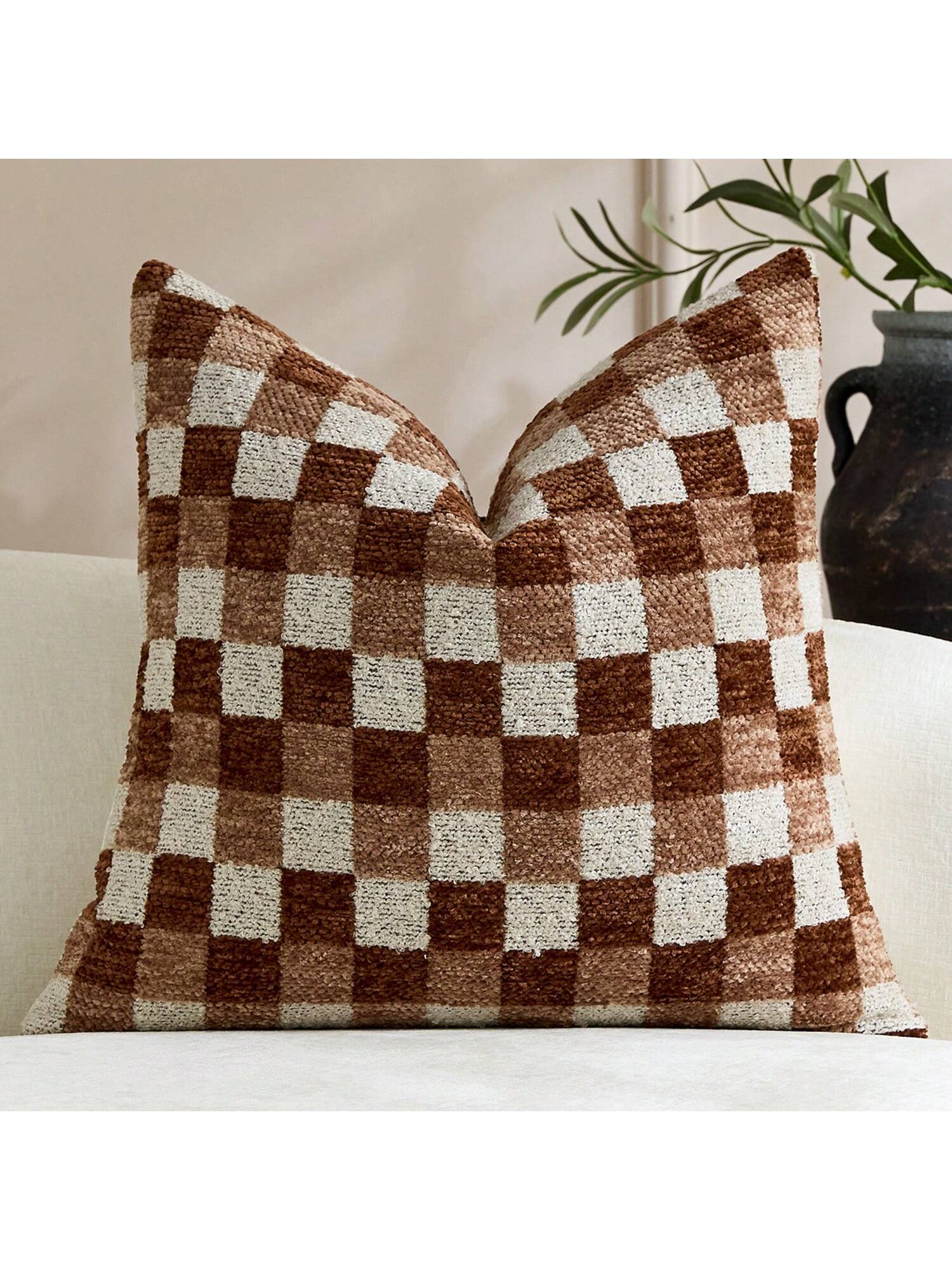 Cirelle 1pc Green Checkerboard Throw Pillow Covers, Sage And Forest Green Plaid Textured Chenille Cushion Case, Retro Decorative Pillowcase For Sofa Couch (No Insert)