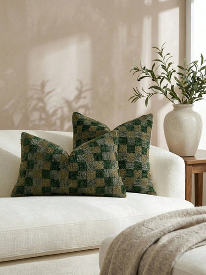 Cirelle 1pc Green Checkerboard Throw Pillow Covers, Sage And Forest Green Plaid Textured Chenille Cushion Case, Retro Decorative Pillowcase For Sofa Couch (No Insert)