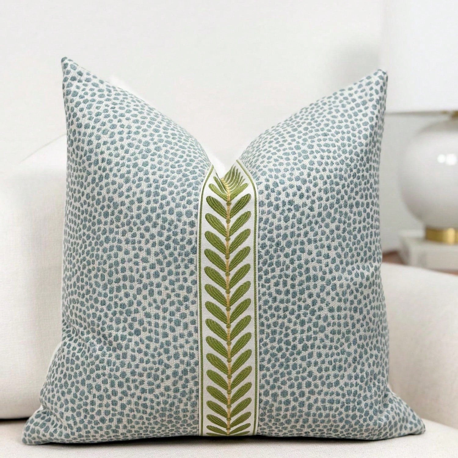 CKnight Mist Blue Dotted Throw Pillow Cover Modern Mist Blue Pillow Cover With Decorative Tape Detail Designer Blue Accent Pillow Cover