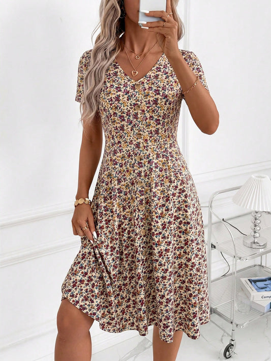 Clasi Women's Minimalist Boho Printed V-Neck Short Sleeve Mid-Length Dress,Summer Dresses For Women,Casual Dresses For Women Vacation Beige