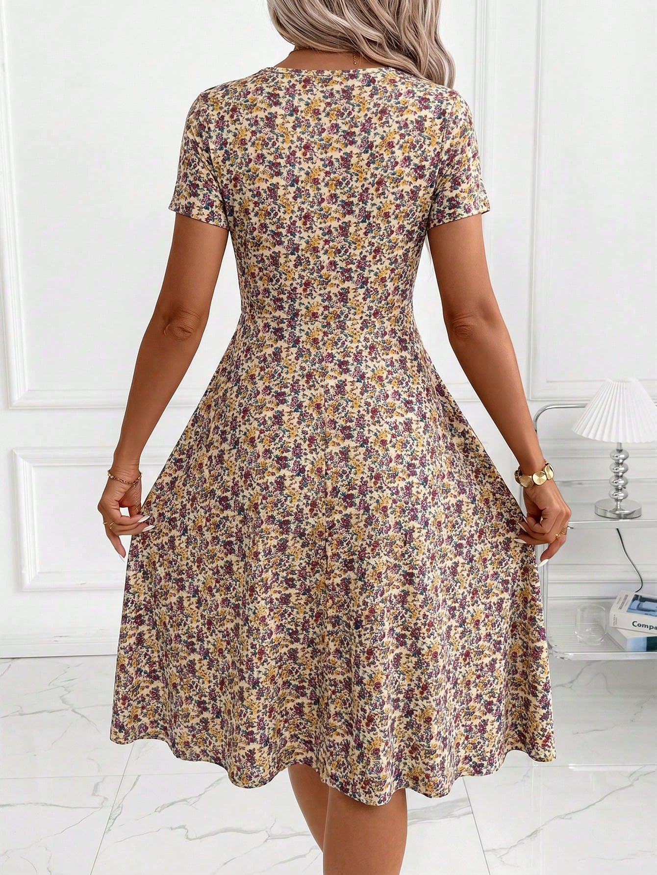 Clasi Women's Minimalist Boho Printed V-Neck Short Sleeve Mid-Length Dress,Summer Dresses For Women,Casual Dresses For Women Vacation Beige