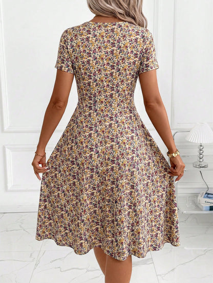 Clasi Women's Minimalist Boho Printed V-Neck Short Sleeve Mid-Length Dress,Summer Dresses For Women,Casual Dresses For Women Vacation Beige