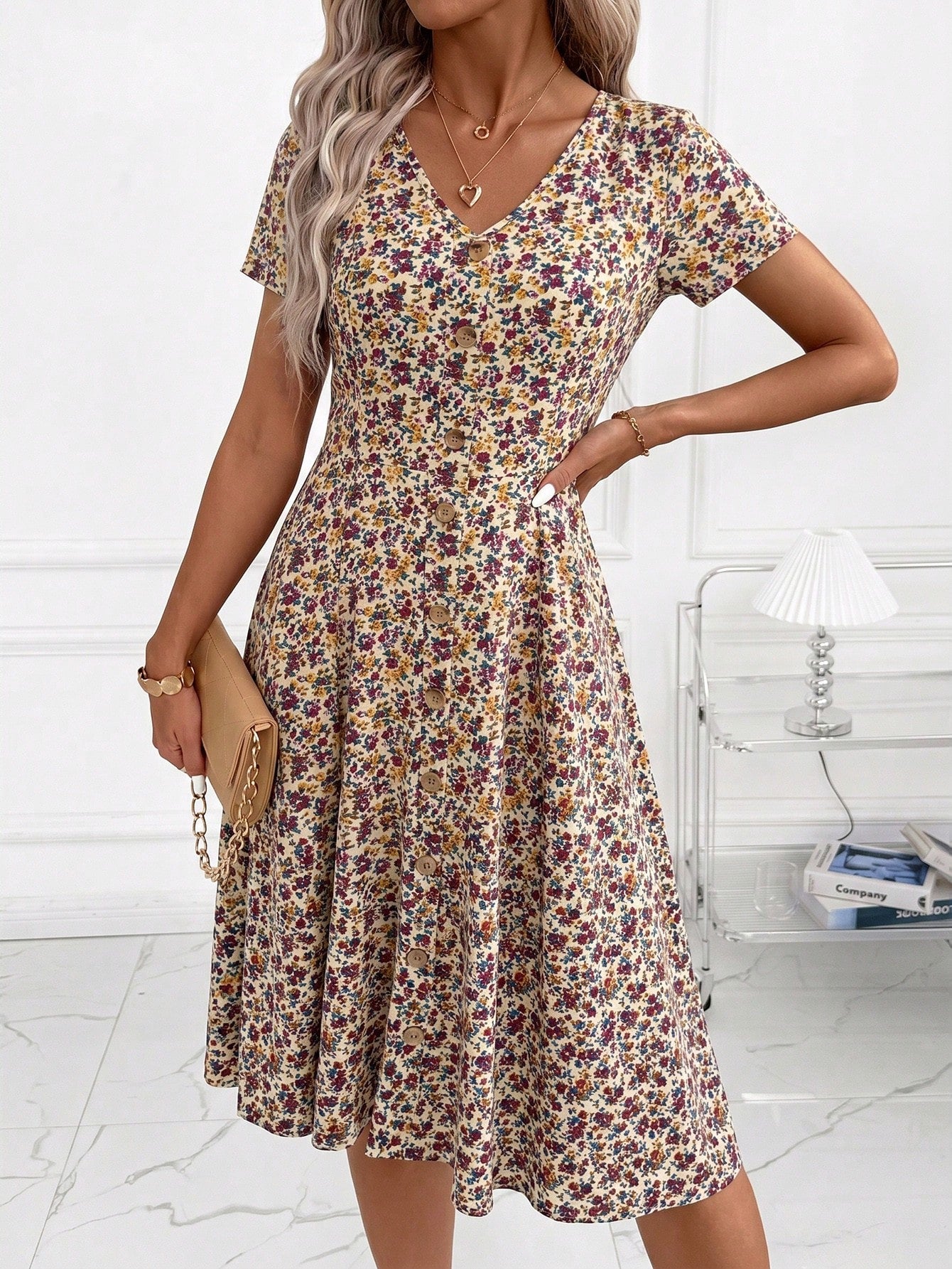 Clasi Women's Minimalist Boho Printed V-Neck Short Sleeve Mid-Length Dress,Summer Dresses For Women,Casual Dresses For Women Vacation Beige