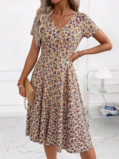 Clasi Women's Minimalist Boho Printed V-Neck Short Sleeve Mid-Length Dress,Summer Dresses For Women,Casual Dresses For Women Vacation Beige