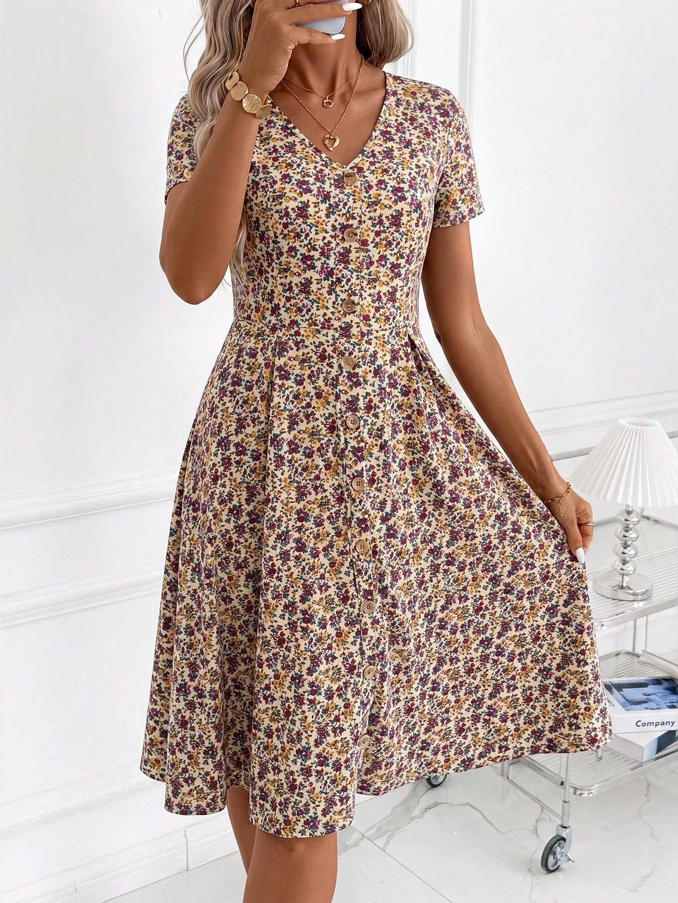 Clasi Women's Minimalist Boho Printed V-Neck Short Sleeve Mid-Length Dress,Summer Dresses For Women,Casual Dresses For Women Vacation Beige