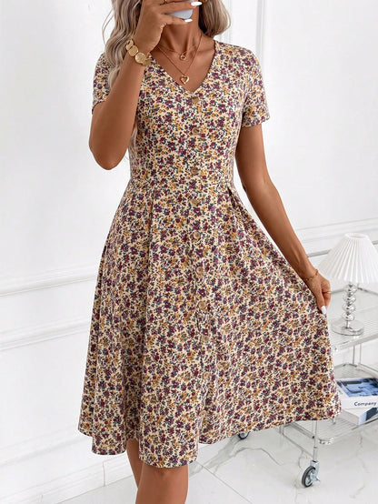 Clasi Women's Minimalist Boho Printed V-Neck Short Sleeve Mid-Length Dress,Summer Dresses For Women,Casual Dresses For Women Vacation Beige