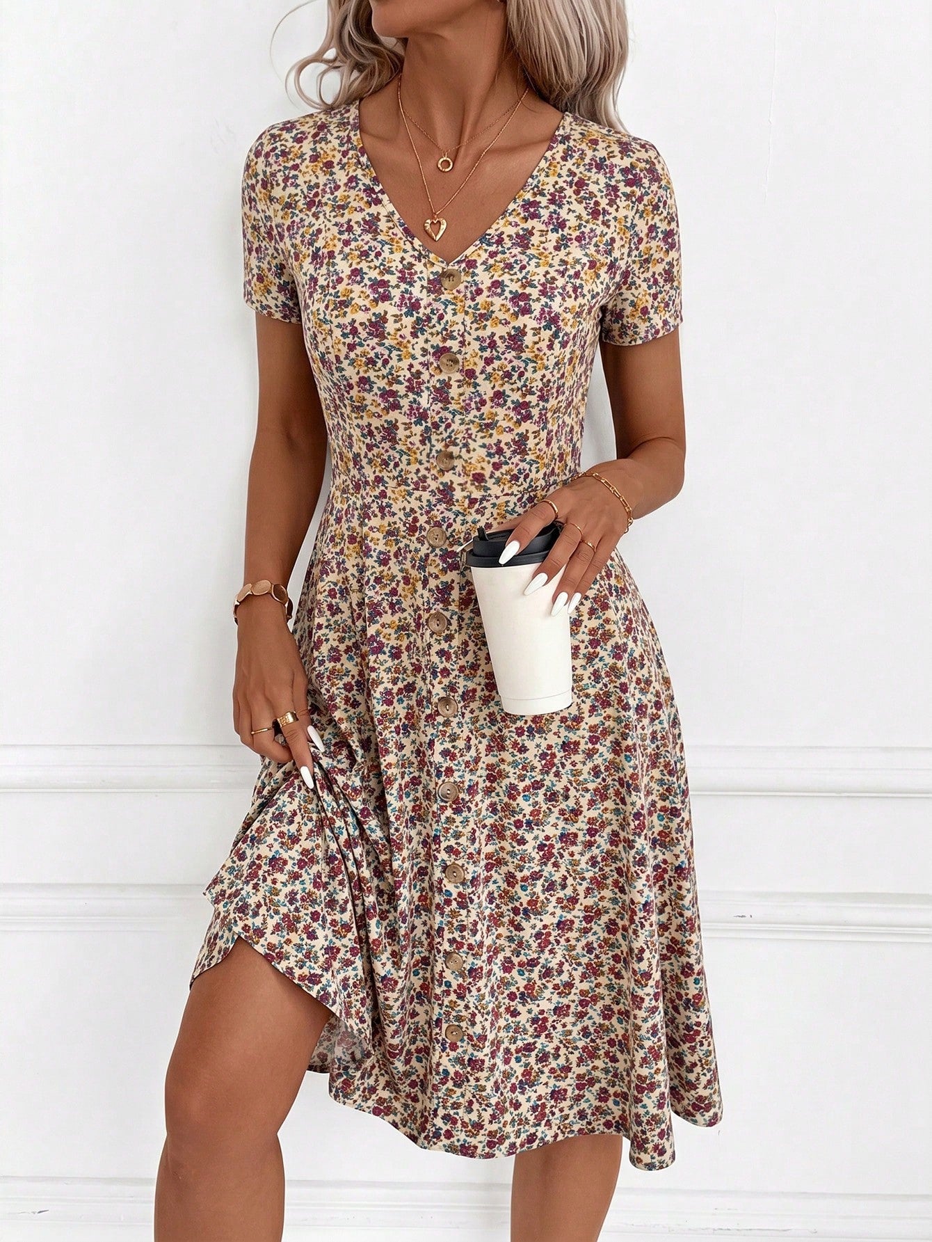 Clasi Women's Minimalist Boho Printed V-Neck Short Sleeve Mid-Length Dress,Summer Dresses For Women,Casual Dresses For Women Vacation Beige